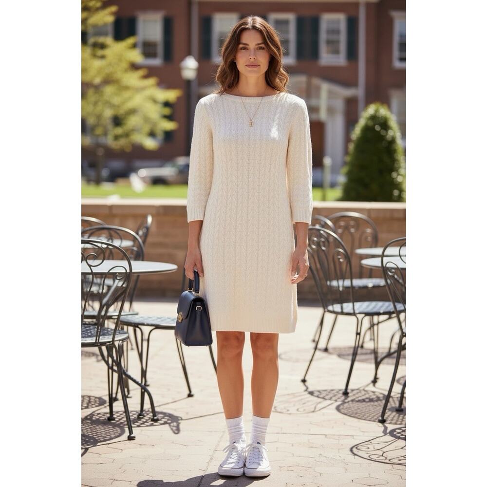 Lauren Ralph Lauren Sz Large Ivory Cable Knit Sweater Dress Cotton Wool Blend